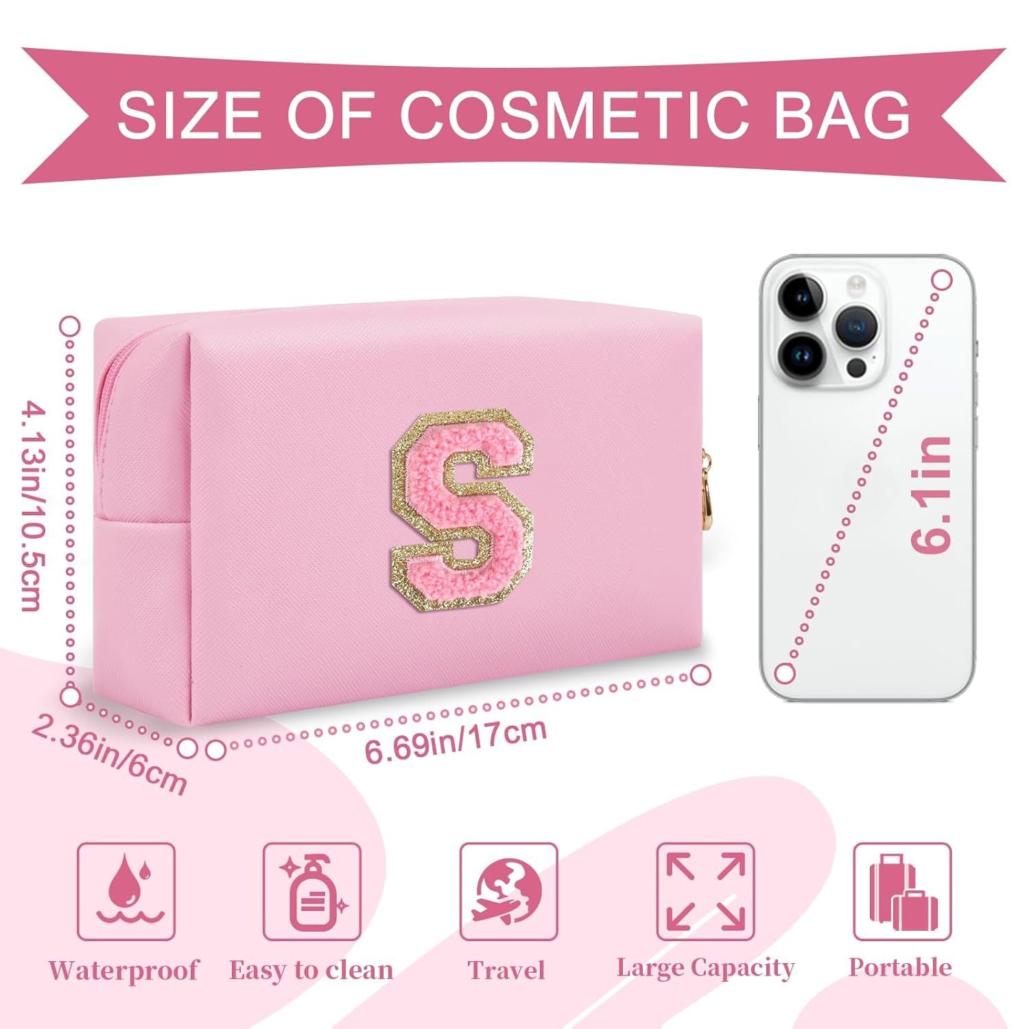 Personalized Initial A-Z Preppy Patch Makeup Bag,Small PU Leather Chenille Letter Cosmetic Bag with Zipper for Teen Girls,Pink Cute Travel Toiletry Bag,Birthday Monogrammed Gift for Daughter,Letter S - Renee Lane Company