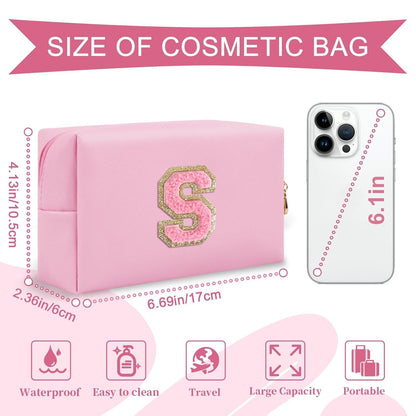 Personalized Initial A-Z Preppy Patch Makeup Bag,Small PU Leather Chenille Letter Cosmetic Bag with Zipper for Teen Girls,Pink Cute Travel Toiletry Bag,Birthday Monogrammed Gift for Daughter,Letter S - Renee Lane Company