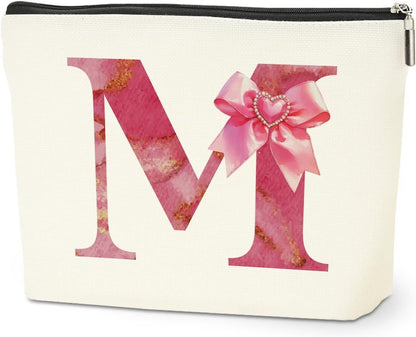 Personalized Initial Makeup Bag, Monogram Bow Travel Toiletry Make Up Bags Cute Preppy Cosmetic Bag Pouch Makeup Organizer Mothers Day Wedding Birthday Gifts for Women Friends Sister Girls Pink M - Renee Lane Company