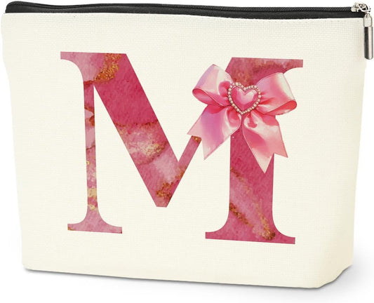 Personalized Initial Makeup Bag, Monogram Bow Travel Toiletry Make Up Bags Cute Preppy Cosmetic Bag Pouch Makeup Organizer Mothers Day Wedding Birthday Gifts for Women Friends Sister Girls Pink M - Renee Lane Company