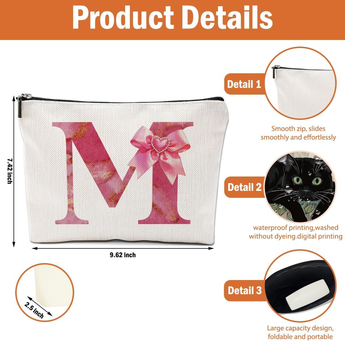 Personalized Initial Makeup Bag, Monogram Bow Travel Toiletry Make Up Bags Cute Preppy Cosmetic Bag Pouch Makeup Organizer Mothers Day Wedding Birthday Gifts for Women Friends Sister Girls Pink M - Renee Lane Company