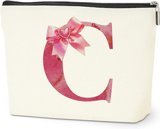 Personalized Initial Makeup Bag, Monogram Bow Travel Toiletry Make Up Bags Cute Preppy Cosmetic Bag Pouch Makeup Organizer Mothers Day Wedding Birthday Gifts for Women Nurse Sister Girls Pink C - Renee Lane Company