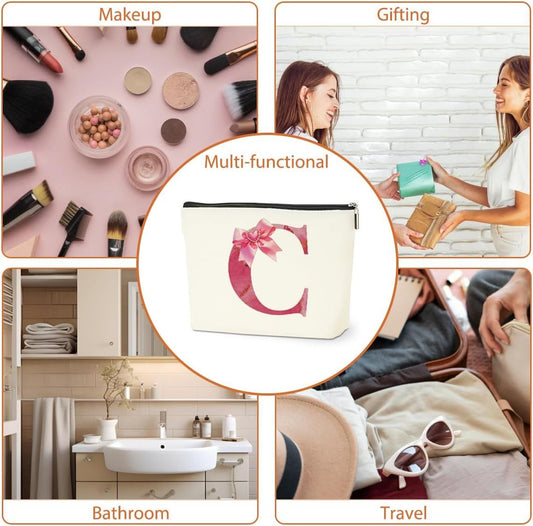 Personalized Initial Makeup Bag, Monogram Bow Travel Toiletry Make Up Bags Cute Preppy Cosmetic Bag Pouch Makeup Organizer Mothers Day Wedding Birthday Gifts for Women Nurse Sister Girls Pink C - Renee Lane Company