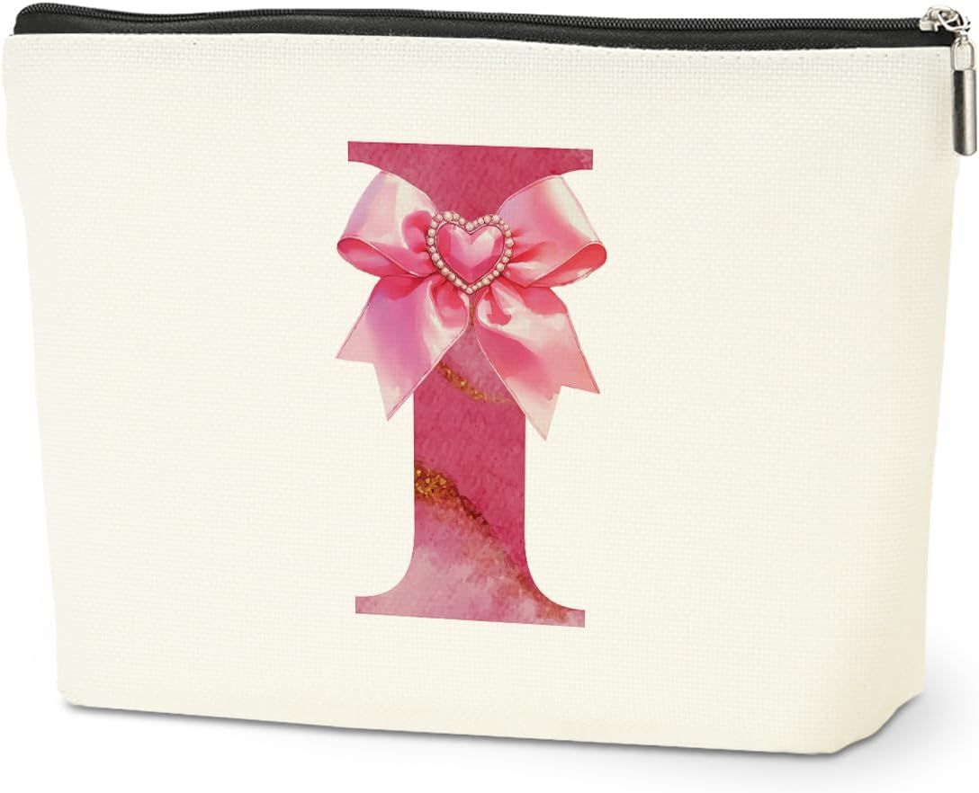 Personalized Initial Makeup Bag, Monogram Bow Travel Toiletry Make Up Bags Cute Preppy Cosmetic Bag Pouch Makeup Organizer Mothers Day Wedding Birthday Gifts for Women Nurse Sister Girls Pink I - Renee Lane Company