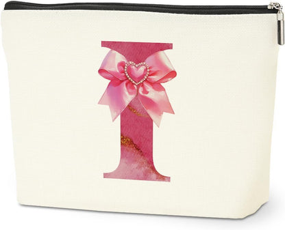 Personalized Initial Makeup Bag, Monogram Bow Travel Toiletry Make Up Bags Cute Preppy Cosmetic Bag Pouch Makeup Organizer Mothers Day Wedding Birthday Gifts for Women Nurse Sister Girls Pink I - Renee Lane Company