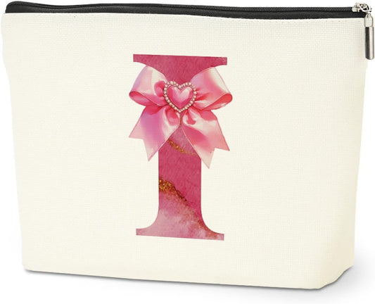 Personalized Initial Makeup Bag, Monogram Bow Travel Toiletry Make Up Bags Cute Preppy Cosmetic Bag Pouch Makeup Organizer Mothers Day Wedding Birthday Gifts for Women Nurse Sister Girls Pink I - Renee Lane Company