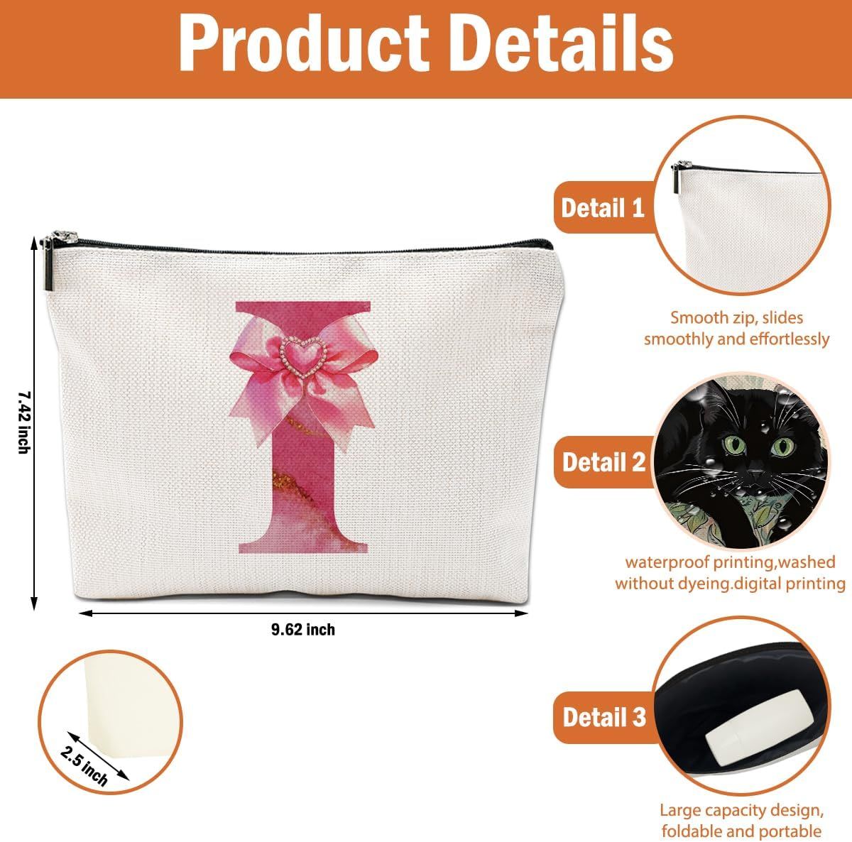Personalized Initial Makeup Bag, Monogram Bow Travel Toiletry Make Up Bags Cute Preppy Cosmetic Bag Pouch Makeup Organizer Mothers Day Wedding Birthday Gifts for Women Nurse Sister Girls Pink I - Renee Lane Company