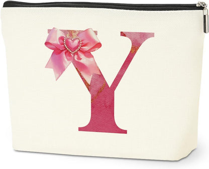 Personalized Initial Makeup Bag, Monogram Bow Travel Toiletry Make Up Bags Cute Preppy Cosmetic Bag Pouch Makeup Organizer Mothers Day Wedding Birthday Gifts for Women Teacher Sister Girls Pink Y - Renee Lane Company