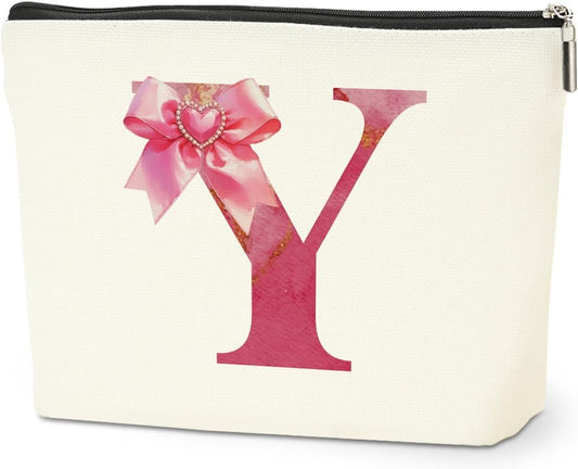 Personalized Initial Makeup Bag, Monogram Bow Travel Toiletry Make Up Bags Cute Preppy Cosmetic Bag Pouch Makeup Organizer Mothers Day Wedding Birthday Gifts for Women Teacher Sister Girls Pink Y - Renee Lane Company