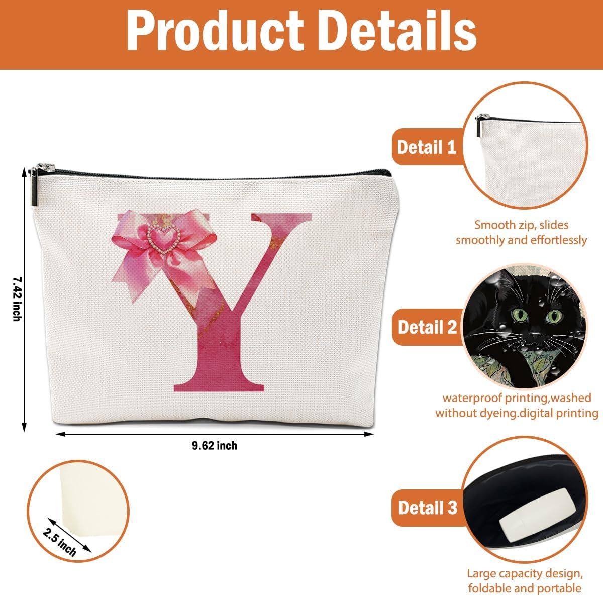 Personalized Initial Makeup Bag, Monogram Bow Travel Toiletry Make Up Bags Cute Preppy Cosmetic Bag Pouch Makeup Organizer Mothers Day Wedding Birthday Gifts for Women Teacher Sister Girls Pink Y - Renee Lane Company
