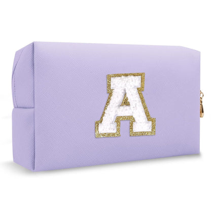 Personalized Makeup Bag Initial A-Z Preppy Patch Bag,Small PU Leather Travel Cosmetic Bag Pouch with Zipper,Purple Cute Toiletry Bag,Gift Ideal for Teen Girls Women Birthday Friend Mom,Latter A - Renee Lane Company