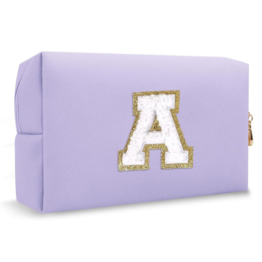 Personalized Makeup Bag Initial A-Z Preppy Patch Bag,Small PU Leather Travel Cosmetic Bag Pouch with Zipper,Purple Cute Toiletry Bag,Gift Ideal for Teen Girls Women Birthday Friend Mom,Latter A - Renee Lane Company