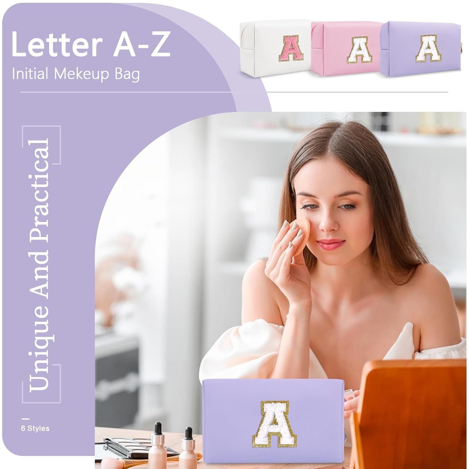 Personalized Makeup Bag Initial A-Z Preppy Patch Bag,Small PU Leather Travel Cosmetic Bag Pouch with Zipper,Purple Cute Toiletry Bag,Gift Ideal for Teen Girls Women Birthday Friend Mom,Latter A - Renee Lane Company