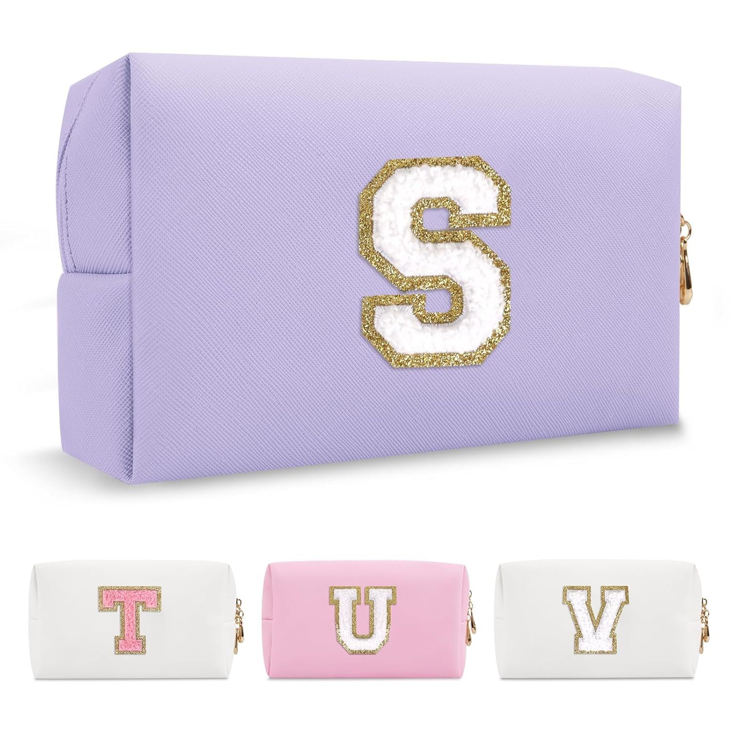 Personalized Makeup Bag Initial A-Z Preppy Patch Bag,Small PU Leather Travel Cosmetic Bag Pouch with Zipper,Purple Cute Toiletry Bag,Gift Ideal for Teen Girls Women Birthday Friend Mom,Latter S - Renee Lane Company