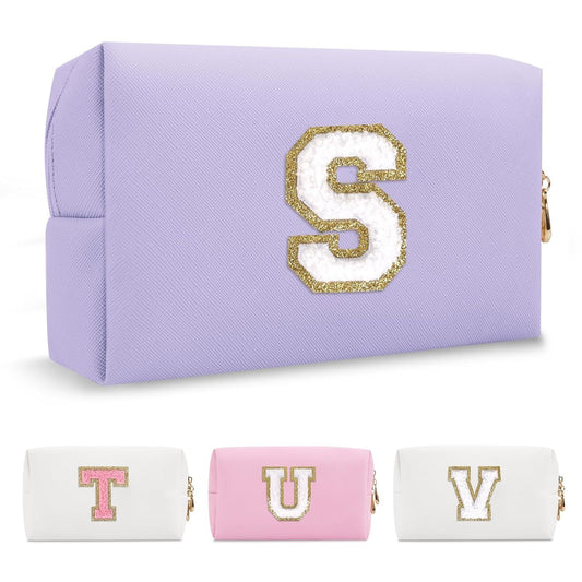 Personalized Makeup Bag Initial A-Z Preppy Patch Bag,Small PU Leather Travel Cosmetic Bag Pouch with Zipper,Purple Cute Toiletry Bag,Gift Ideal for Teen Girls Women Birthday Friend Mom,Latter S - Renee Lane Company