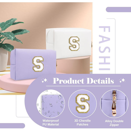 Personalized Makeup Bag Initial A-Z Preppy Patch Bag,Small PU Leather Travel Cosmetic Bag Pouch with Zipper,Purple Cute Toiletry Bag,Gift Ideal for Teen Girls Women Birthday Friend Mom,Latter S - Renee Lane Company