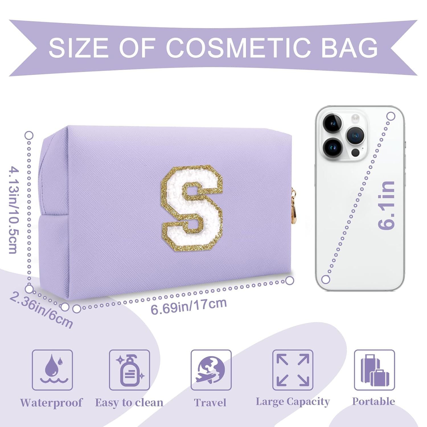 Personalized Makeup Bag Initial A-Z Preppy Patch Bag,Small PU Leather Travel Cosmetic Bag Pouch with Zipper,Purple Cute Toiletry Bag,Gift Ideal for Teen Girls Women Birthday Friend Mom,Latter S - Renee Lane Company