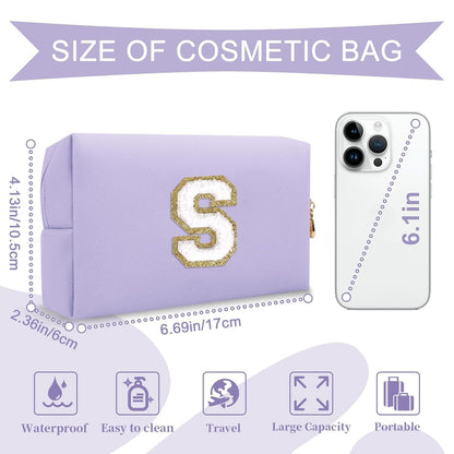 Personalized Makeup Bag Initial A-Z Preppy Patch Bag,Small PU Leather Travel Cosmetic Bag Pouch with Zipper,Purple Cute Toiletry Bag,Gift Ideal for Teen Girls Women Birthday Friend Mom,Latter S - Renee Lane Company
