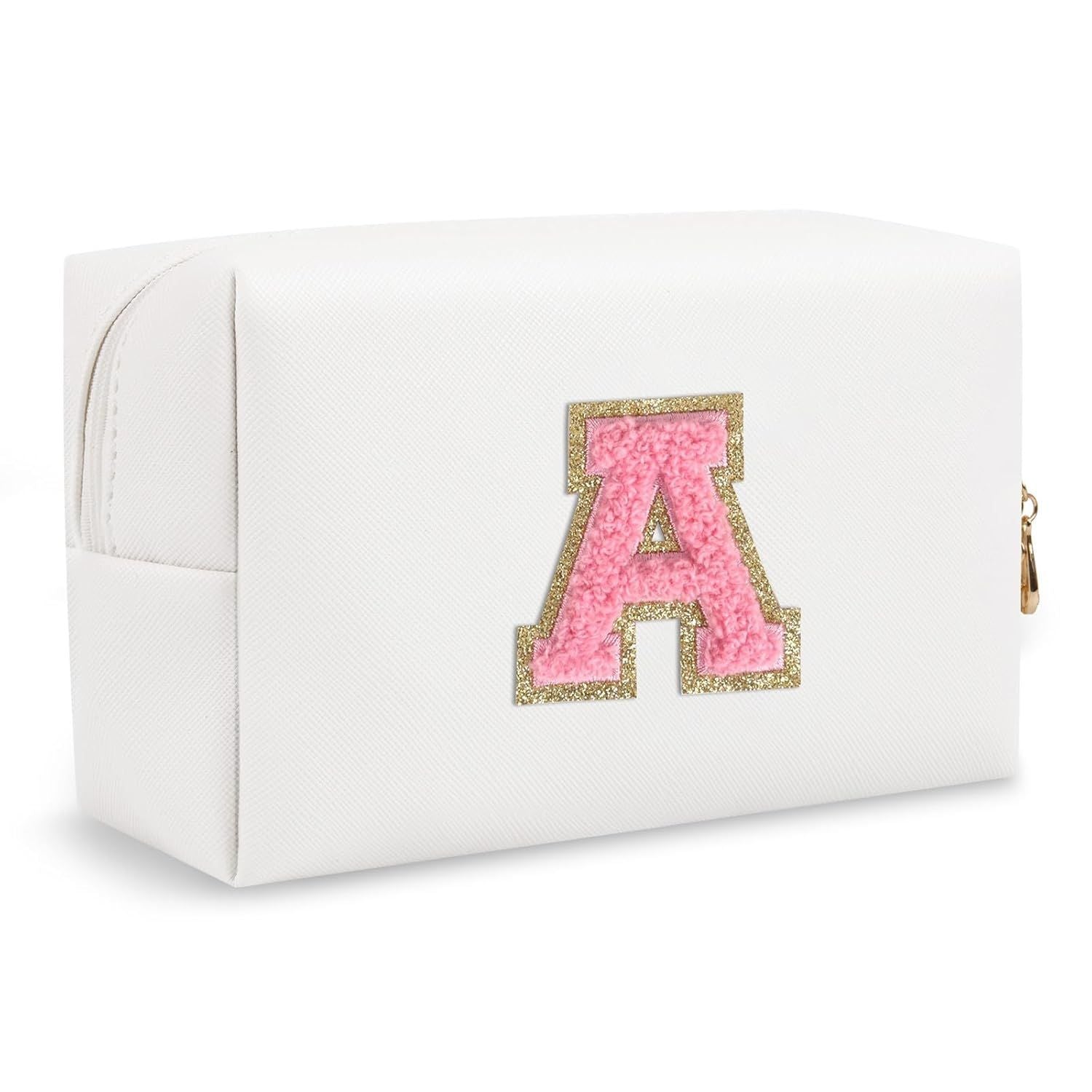 Personalized Makeup Bag Initial A-Z Preppy Patch Bag,Small PU Leather Travel Cosmetic Bag Pouch with Zipper,White Cute Toiletry Bag,Gift Ideal for Teen Girls Women Birthday Friend Mom,Letter A - Renee Lane Company
