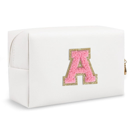 Personalized Makeup Bag Initial A-Z Preppy Patch Bag,Small PU Leather Travel Cosmetic Bag Pouch with Zipper,White Cute Toiletry Bag,Gift Ideal for Teen Girls Women Birthday Friend Mom,Letter A - Renee Lane Company