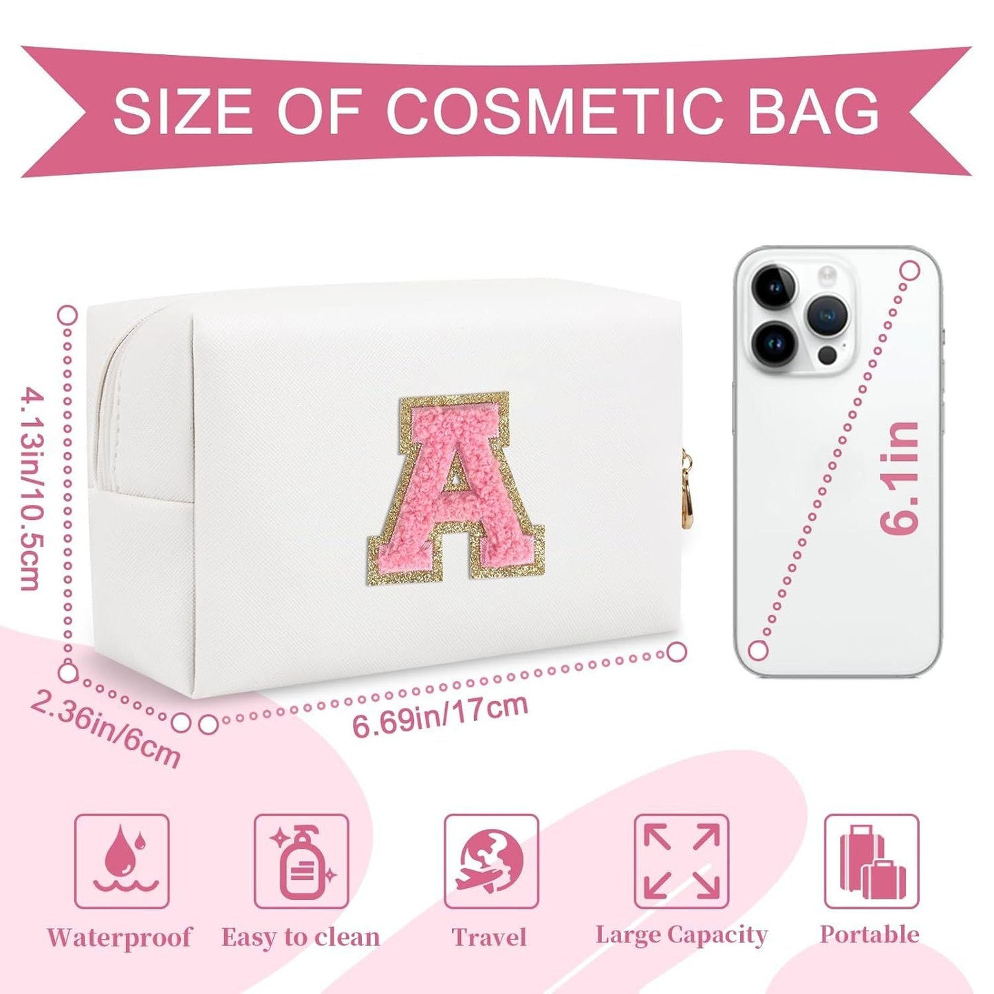 Personalized Makeup Bag Initial A-Z Preppy Patch Bag,Small PU Leather Travel Cosmetic Bag Pouch with Zipper,White Cute Toiletry Bag,Gift Ideal for Teen Girls Women Birthday Friend Mom,Letter A - Renee Lane Company