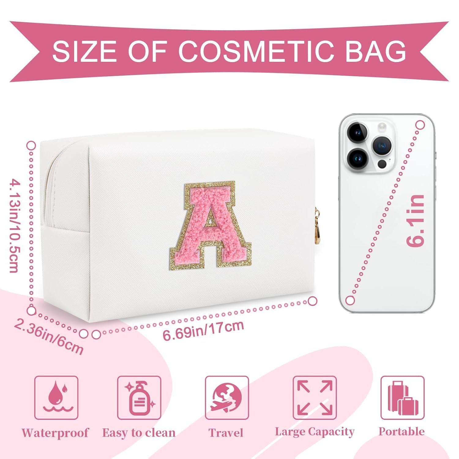 Personalized Makeup Bag Initial A-Z Preppy Patch Bag,Small PU Leather Travel Cosmetic Bag Pouch with Zipper,White Cute Toiletry Bag,Gift Ideal for Teen Girls Women Birthday Friend Mom,Letter A - Renee Lane Company