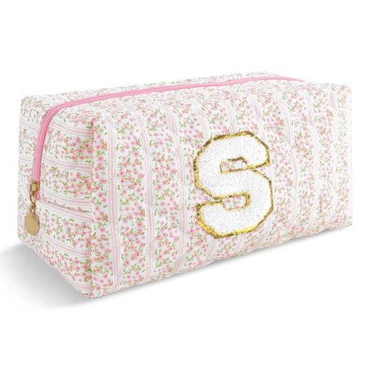 Personalized Quilted Cosmetic Bag, Puffy Monogrammed Christmas Birthday Gifts for Women & Girls, Cute initial Floral Makeup Bag Puffer Coquette Bag, Aesthetic Travel Toiletry Zipper Pouch(Pink,S) - Renee Lane Company