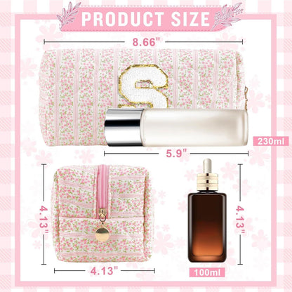 Personalized Quilted Cosmetic Bag, Puffy Monogrammed Christmas Birthday Gifts for Women & Girls, Cute initial Floral Makeup Bag Puffer Coquette Bag, Aesthetic Travel Toiletry Zipper Pouch(Pink,S) - Renee Lane Company