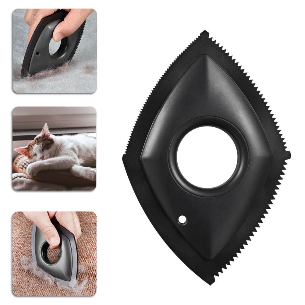 Black triangular pet hair remover for carpets and car upholstery, serrated edge
