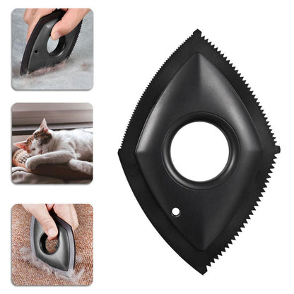 Black triangular pet hair remover for carpets and car upholstery, serrated edge