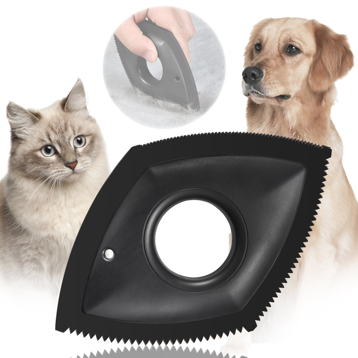 Black pet hair remover tool with round opening and serrated edge