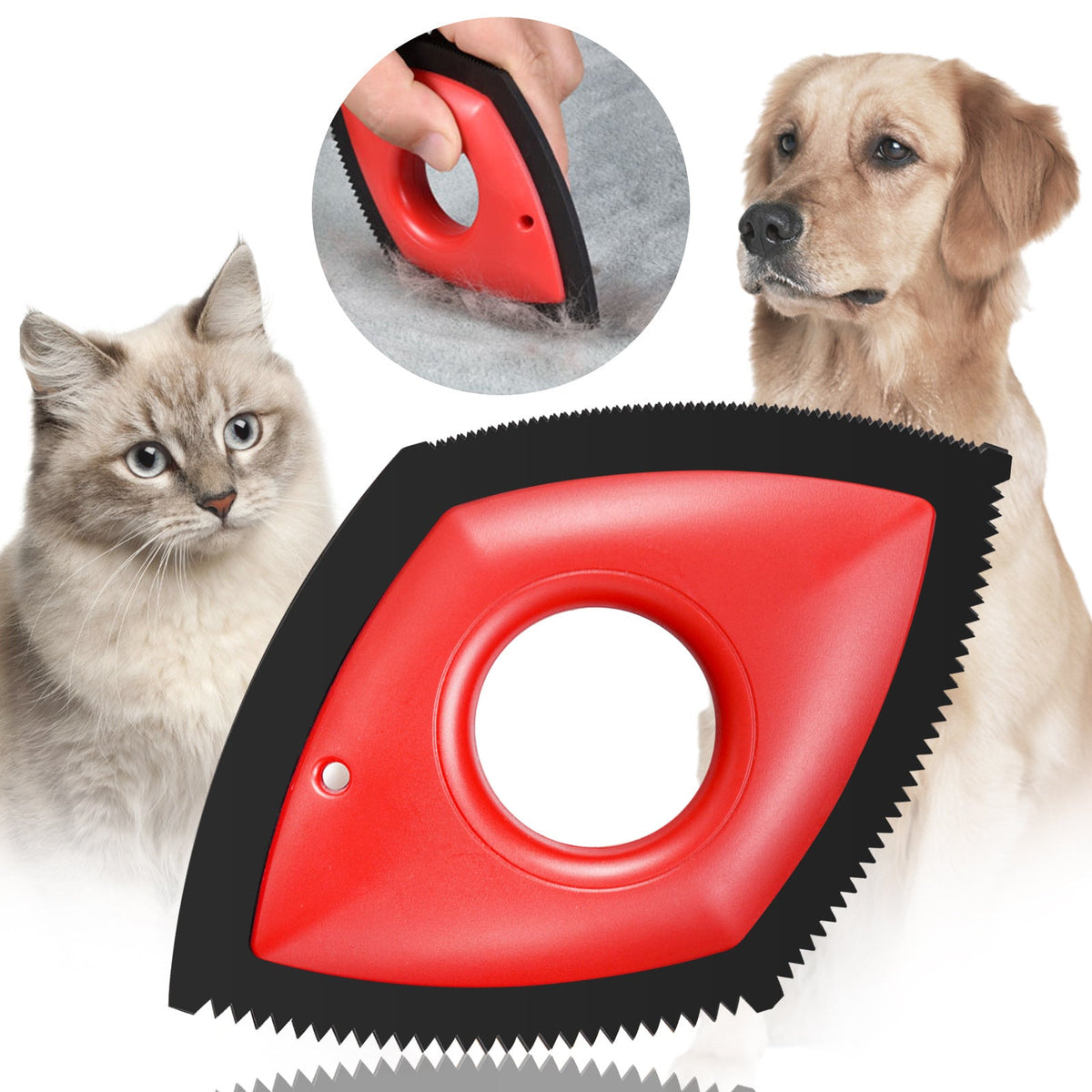 Red triangular pet hair remover tool with round opening and serrated edge