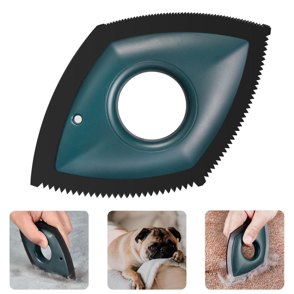 Teal triangular pet hair remover tool with round opening and serrated edge