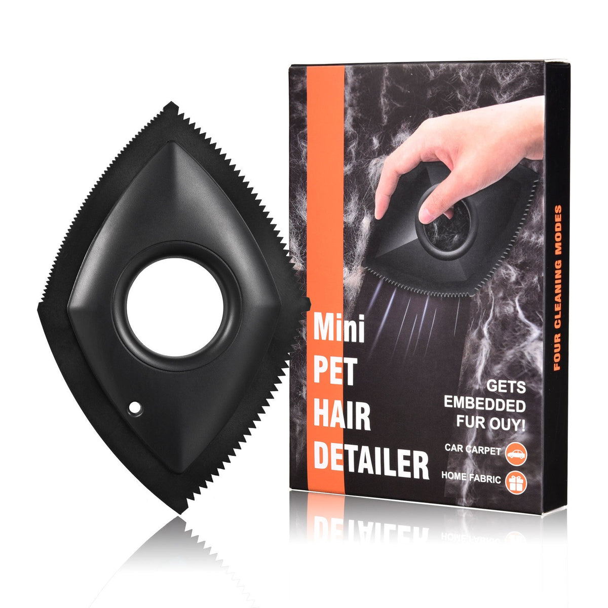 Black triangular pet hair remover detailer with serrated edge and round opening