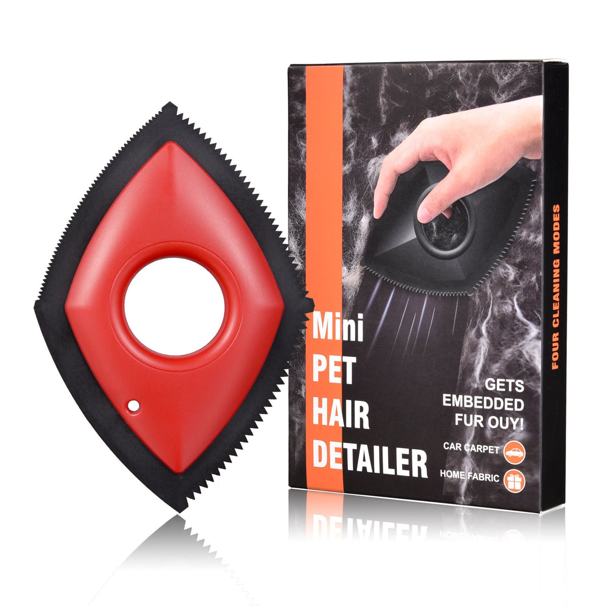 Red triangular pet hair remover detailer with serrated edge and round opening
