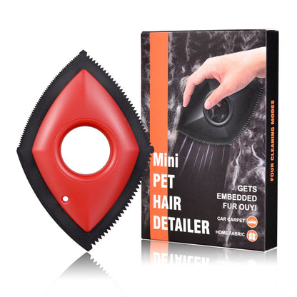 Red triangular pet hair remover detailer with serrated edge and round opening