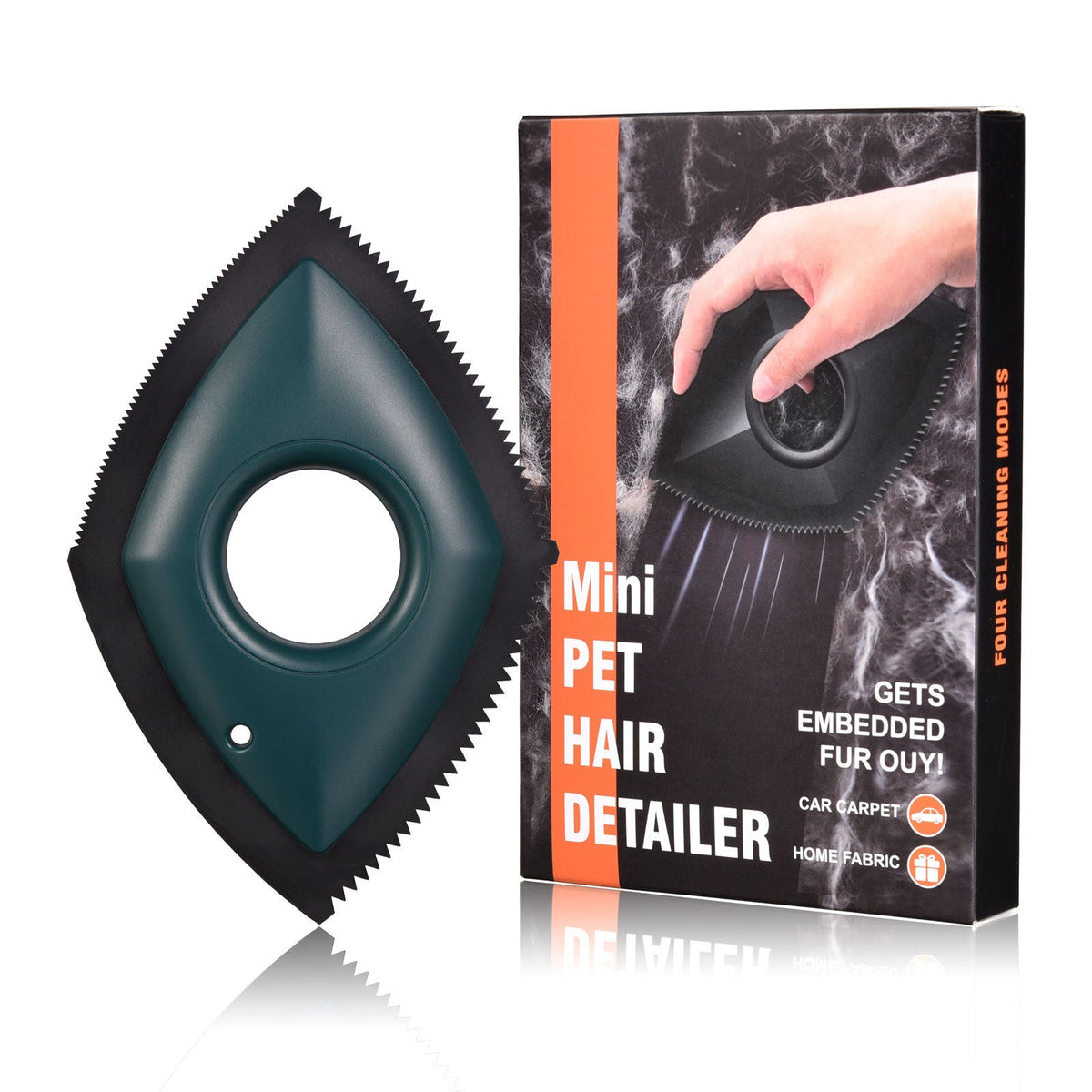 Teal triangular pet hair remover detailer with serrated edge and round opening