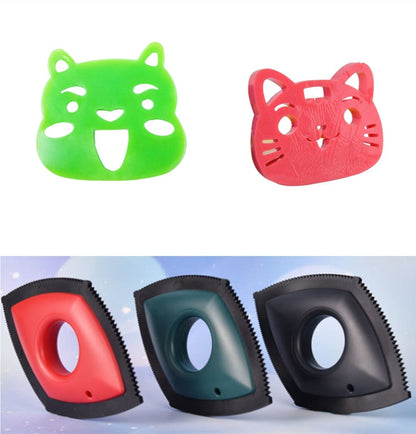 Cat-shaped pet hair remover tool, green and red scraper pads