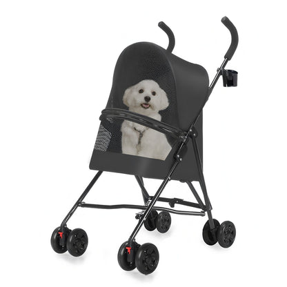 Pet Stroller for Small Dogs Cats with Mesh Ventilation, Lightweight Foldable Design, Cup Holder, Black - Renee Lane Company