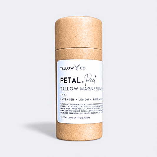 PETAL & PEEL magnesium natural deodorant stick, cylindrical tube with label