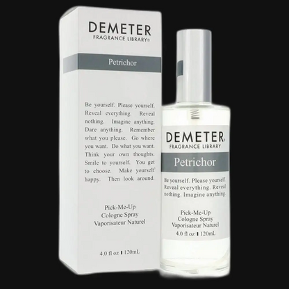 Demeter fragrance spray with silver cap and Petrichor label, boxed 4 fl oz.