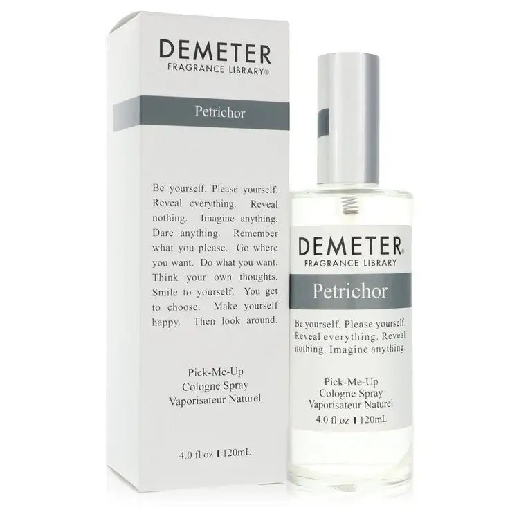Demeter fragrance spray bottle with silver cap and label, in matching box, 4 fl oz.