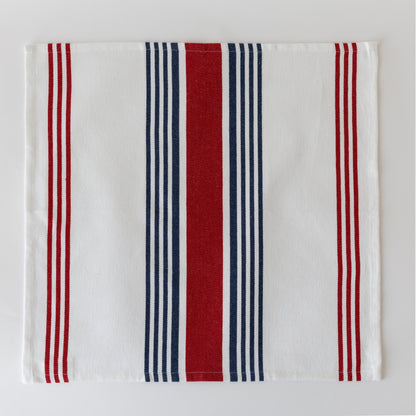 Striped cloth napkin with vertical stripes in red, navy blue, and white