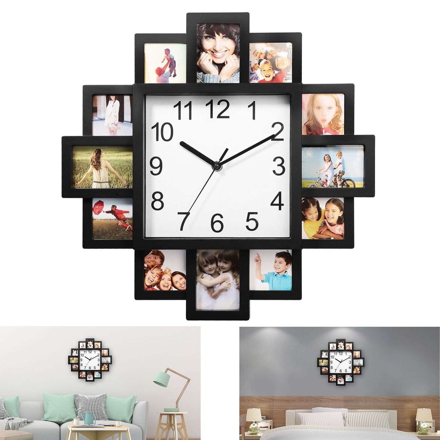 Photo Frame Clock Picture Collage 12-Picture Display Wall Clock Photowall Wall Hanging Home Decor - Renee Lane Company