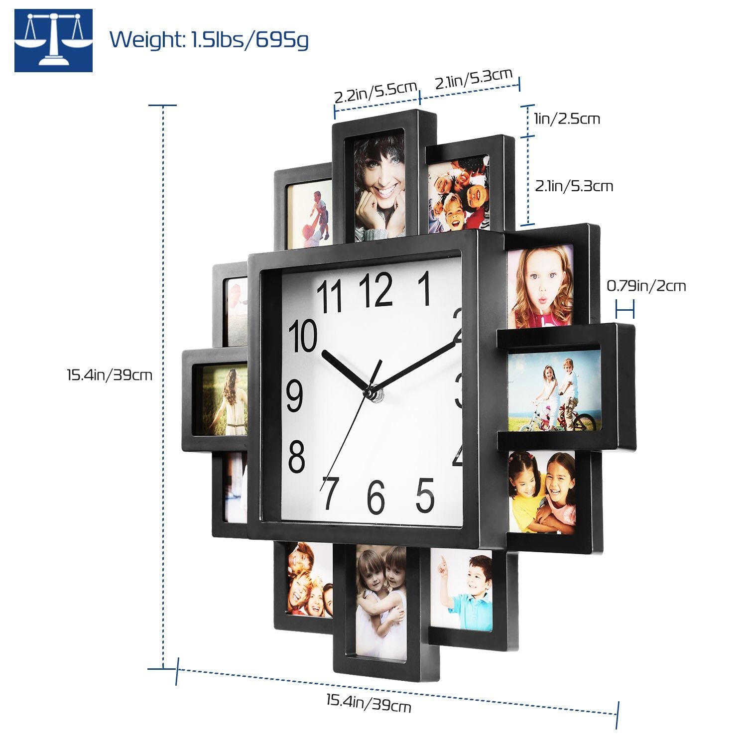 Photo Frame Clock Picture Collage 12-Picture Display Wall Clock Photowall Wall Hanging Home Decor - Renee Lane Company