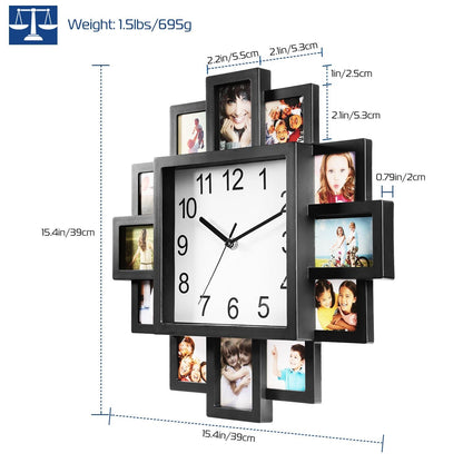 Photo Frame Clock Picture Collage 12-Picture Display Wall Clock Photowall Wall Hanging Home Decor - Renee Lane Company