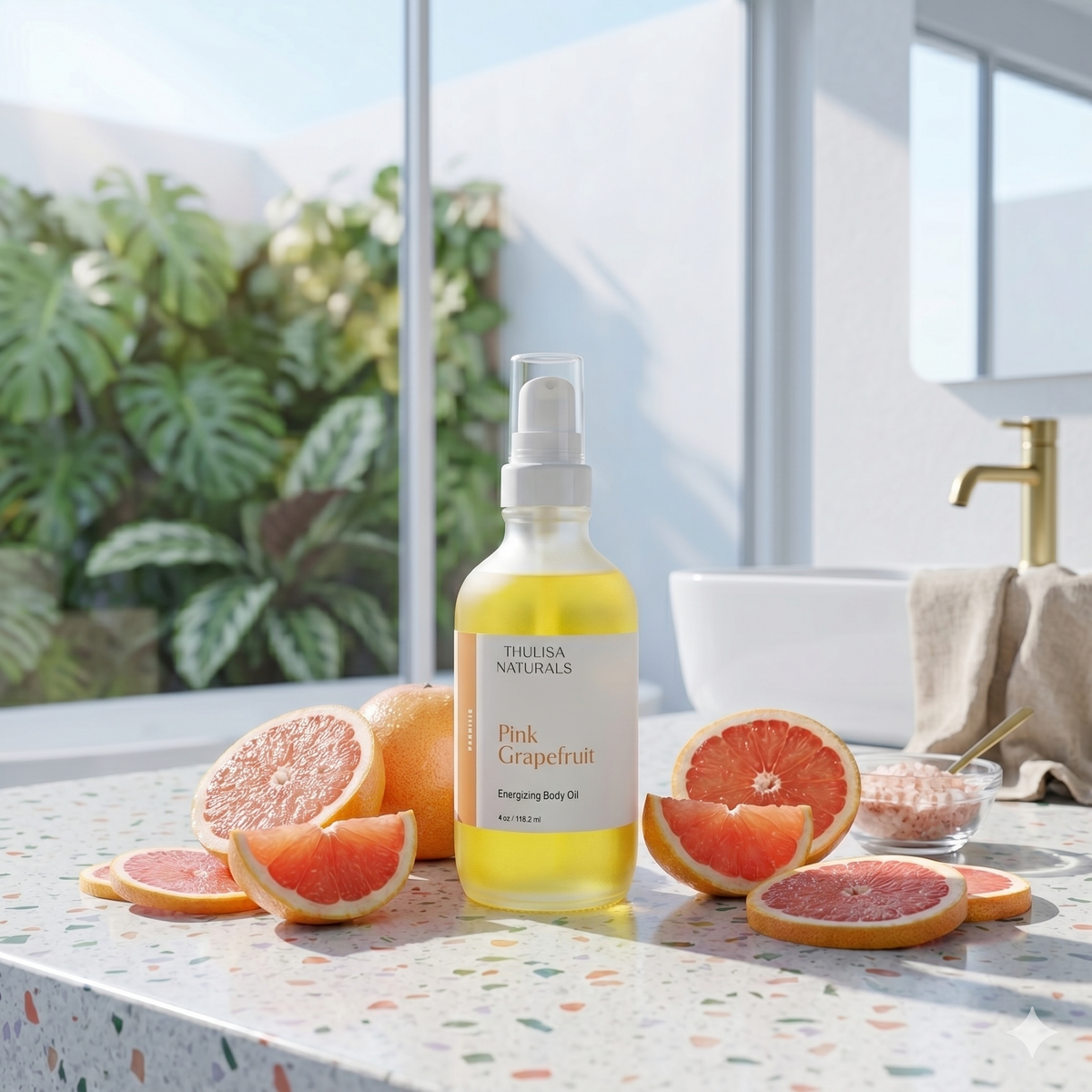 Pink grapefruit body oil pump bottle with citrus slices visible, yellow liquid