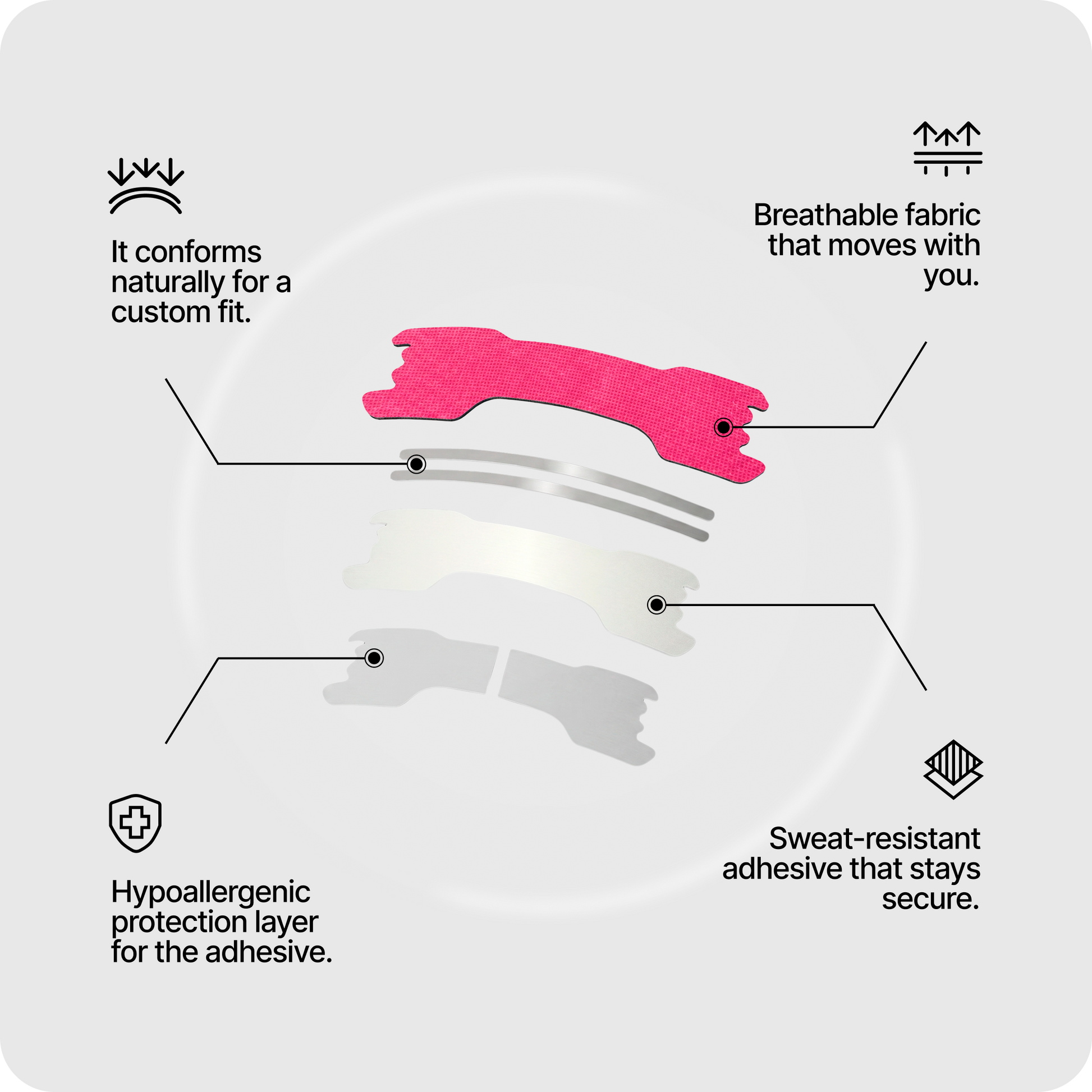 Pink nasal strip positioned across a nose, with adhesive side supports