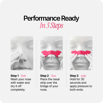 Three-step guide for pink nasal strips: wash, place, and apply pressure