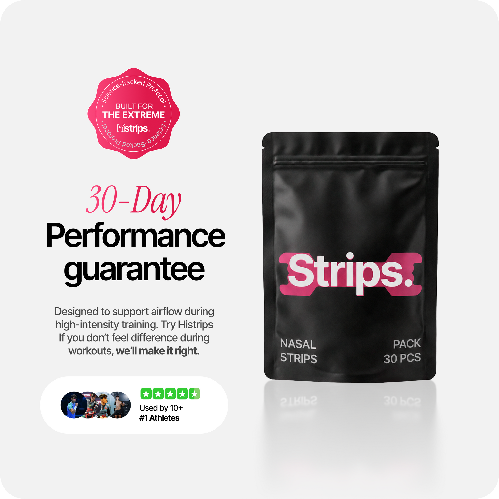 Black pouch of pink nasal strips beside performance guarantee badge